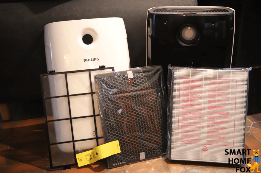 Фильтр предварительной очистки, фильтр HEPA класса H13 и угольный фильтр воздухоочистителя Philips AC2887 расположены в передней части устройства.